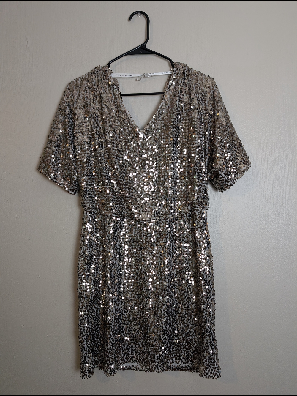 David's Bridal Silver Sequin V-Neck Mini Dress